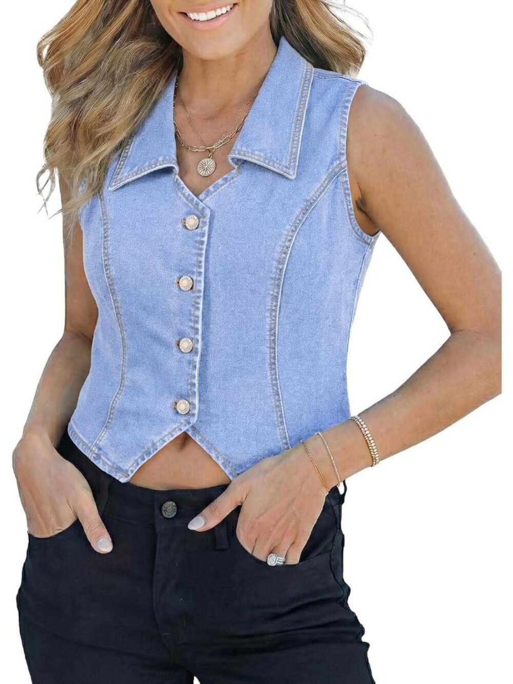 Women's Sky Blue Denim Vest Lapel Sleeveless Button Down Crop Trendy Jean Vest